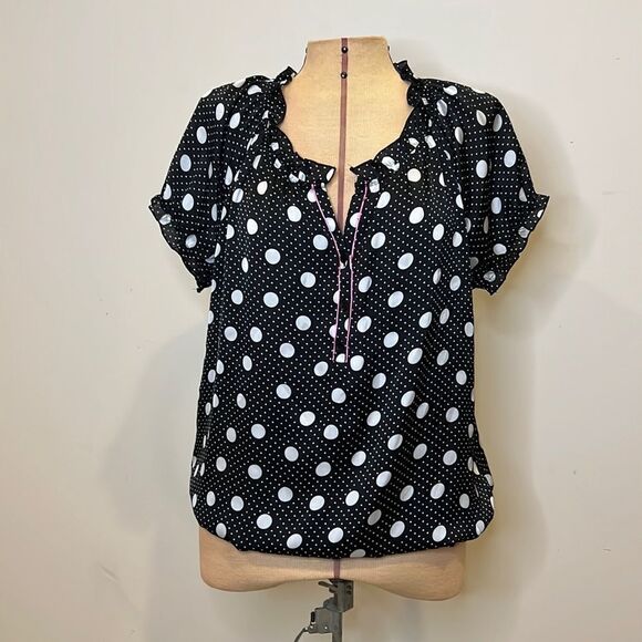 New Directions Black with White Polka Dots Ruffle Trimmed Blouse - Size Large - Picture 1 of 12